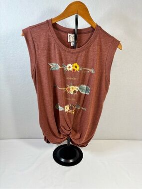 Tru Self Tank Top Women Small Rust Brown Rayon Blend Floral Arrow Boho Knot Tee